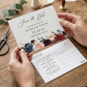 Burgundy Red Navy Floral Wedding Save the Date Postcard