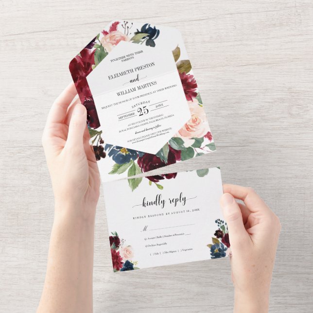 Burgundy Red Navy Floral Wedding with RSVP All In One Invitation (Tearaway)