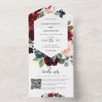 Burgundy Red Navy Floral Wedding with RSVP QR Code