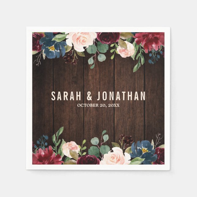 Burgundy Red Navy Floral Wooden Paper Napkin (Front)