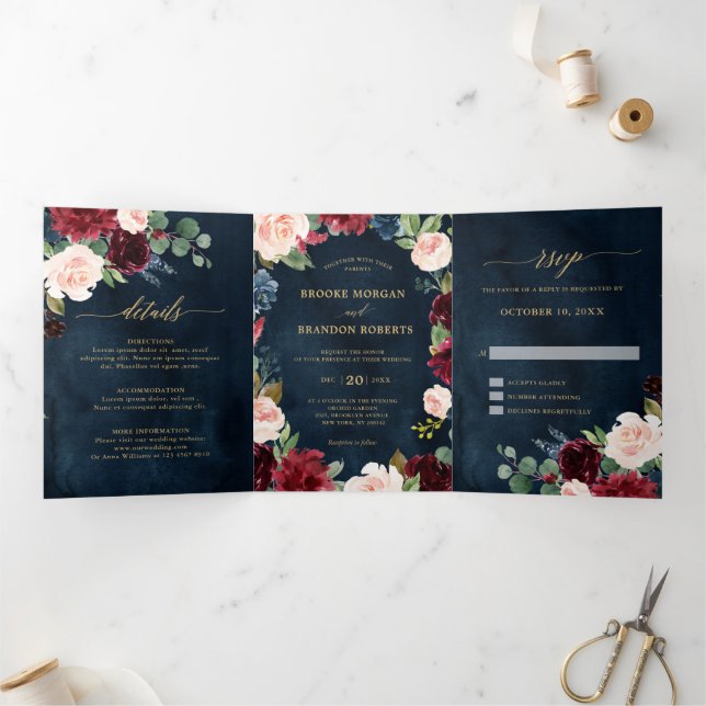 Burgundy Red Navy Gold Trifold Wedding Invitation (Inside)