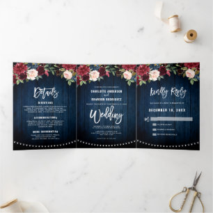 Burgundy Red Navy String Lights Trifold Wedding