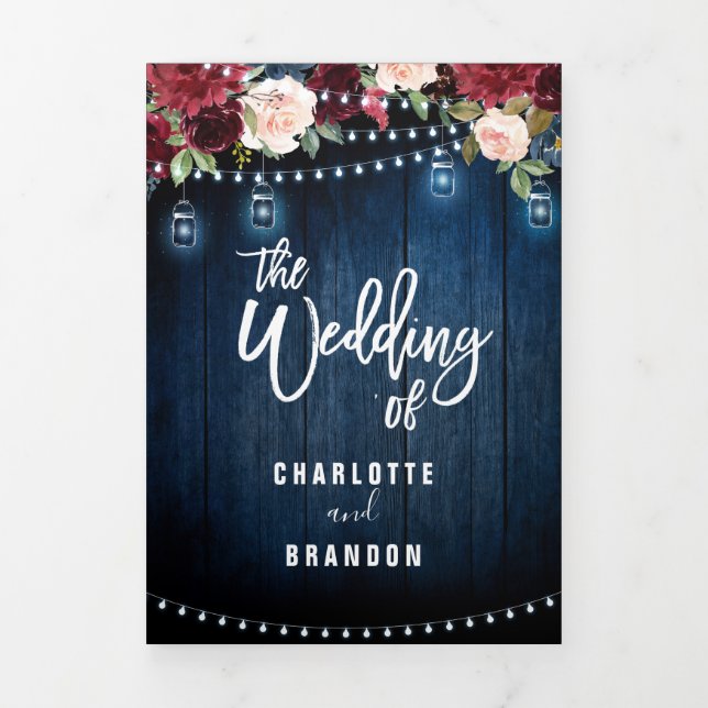 Burgundy Red Navy String Lights Trifold Wedding (Cover)