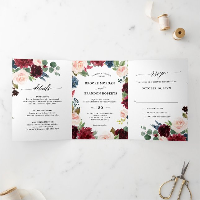 Burgundy Red Navy Trifold Wedding Invitation (Inside)
