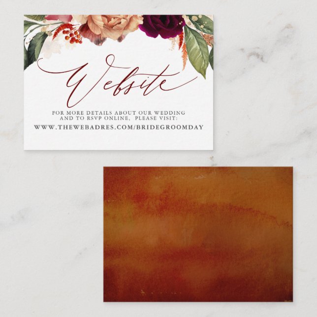 Burgundy Red Orange Floral Wedding Website Card (Front/Back)