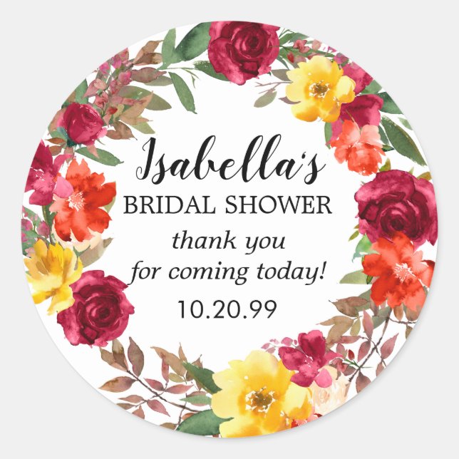 Burgundy Red Orange Yellow Floral Bridal Shower Classic Round Sticker (Front)