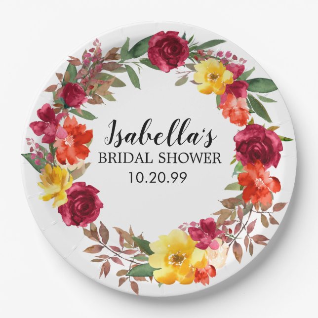 Burgundy Red Orange Yellow Floral Bridal Shower Paper Plate (Front)