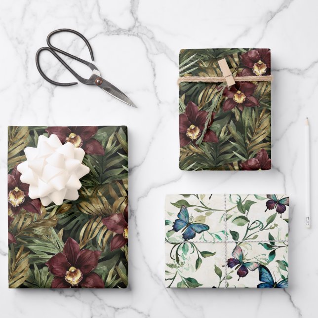 Burgundy Red Orchid Floral Butterfly Bridal Shower Wrapping Paper Sheet (Front)