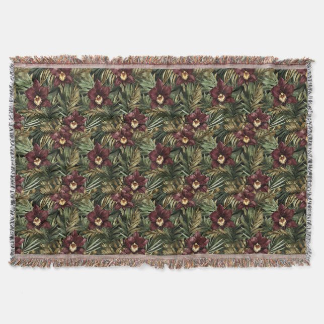Burgundy Red Orchid Floral   Throw Blanket (Front)
