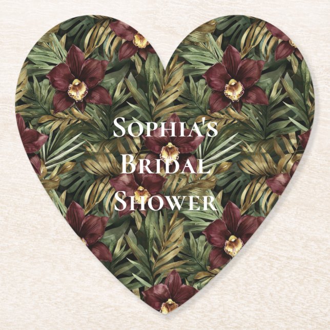 Burgundy Red Orchid Floral Tropical Bridal Shower Paper Coaster (Front)