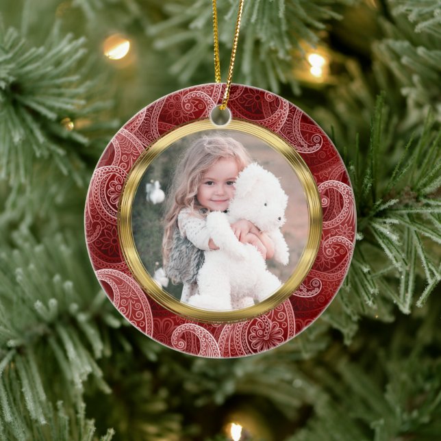 Burgundy Red Paisley Custom Photo and Text Ceramic Tree Decoration (Tree)