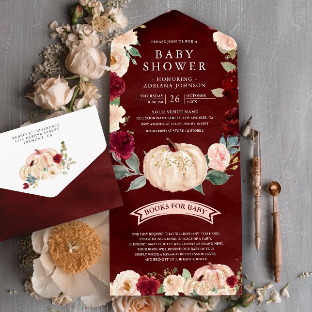 Burgundy Red Peach Floral Pumpkin Navy Baby Shower All In One Invitation (Creator Uploaded)