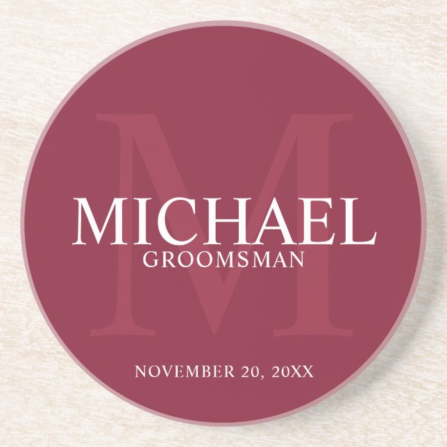 Burgundy Red Personalised Groomsmen Coaster (Front)