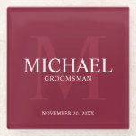 Burgundy Red Personalised Groomsmen Glass Coaster<br><div class="desc">Add a personal touch to your wedding with personalised groomsmen glass coaster. This coaster features personalised groomsman's name with title and wedding date in white and monogram in light burgundy red as background, in classic serif font style, on burgundy red background. Also perfect for best man, father of the bride,...</div>