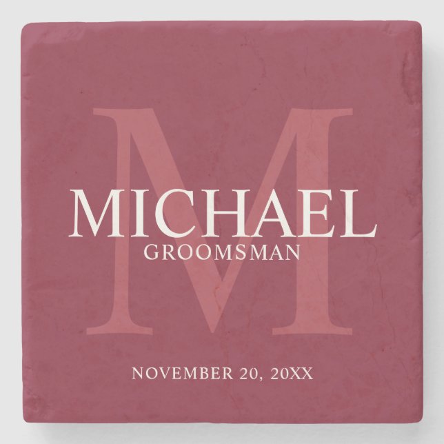 Burgundy Red Personalised Groomsmen Stone Coaster (Front)
