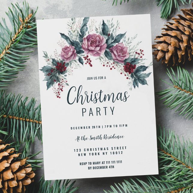 Burgundy red pink dirty blue Christmas floral Invitation (Burgundy red pink dirty blue Christmas floral )