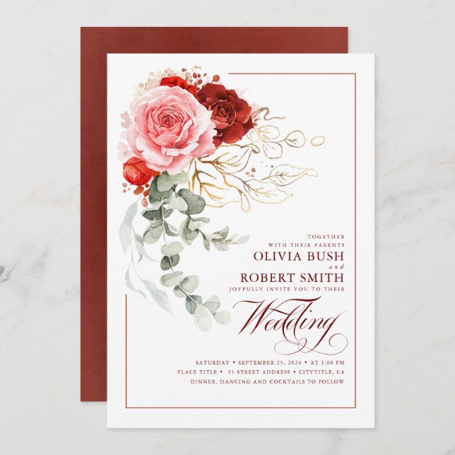 Burgundy Red Pink Flowers Eucalyptus Boho Wedding Invitation (Front/Back)