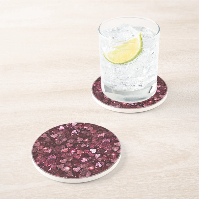 Burgundy Red Pink Glitter Hearts Coaster (Side)
