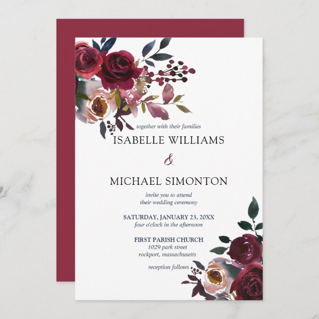 Burgundy Red Pink Rose Floral Wedding Invitation (Front/Back)