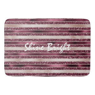 Burgundy Red Pink Rose Gold Glitter Stripes Bath Mat