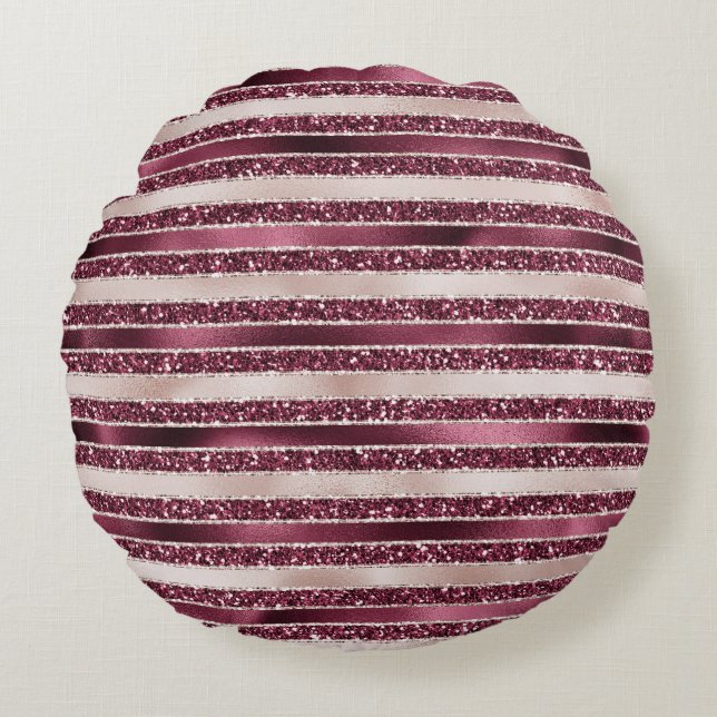 Burgundy Red Pink Rose Gold Glitter Stripes        Round Cushion (Front)
