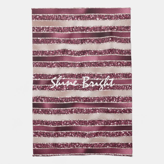 Burgundy Red Pink Rose Gold Glitter Stripes        Tea Towel (Vertical)