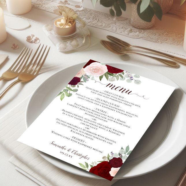 Burgundy Red & Pink Rustic Floral Elegant Wedding Menu (5x7 inch menu on small plate)