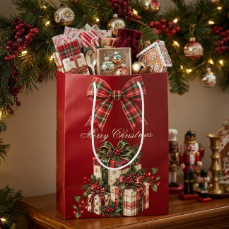 Burgundy Red Plaid Bow Christmas Medium Gift Bag