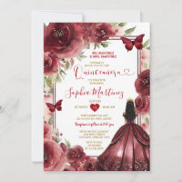 Burgundy Red Princess Dress Flowers Quinceañera