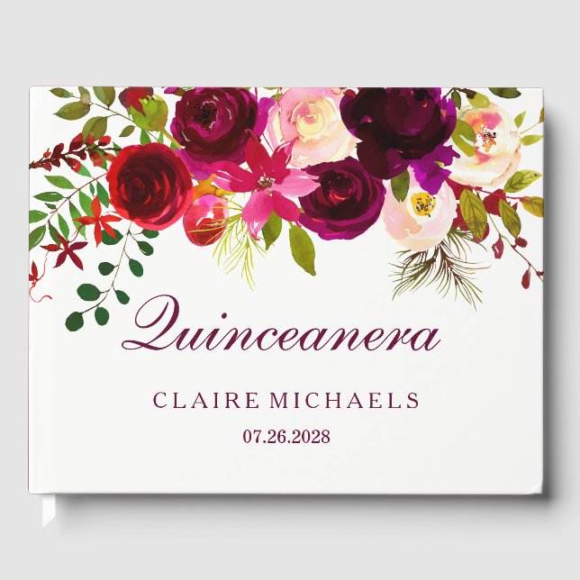 Burgundy Red Purple Floral Boho Quinceanera Guest Book (Front)
