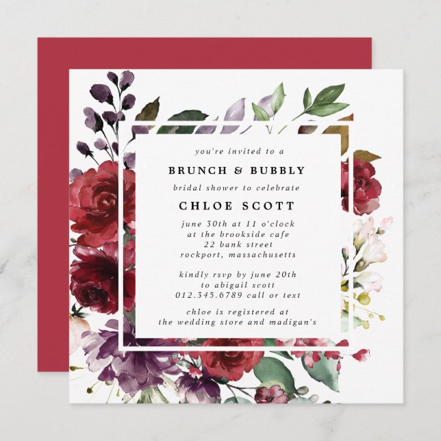 Burgundy Red Purple Floral Brunch Bubbly Shower Invitation (Front/Back)