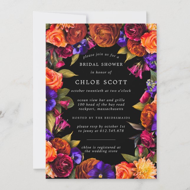 Burgundy Red Purple Orange Floral Bridal Shower In Invitation (Front)