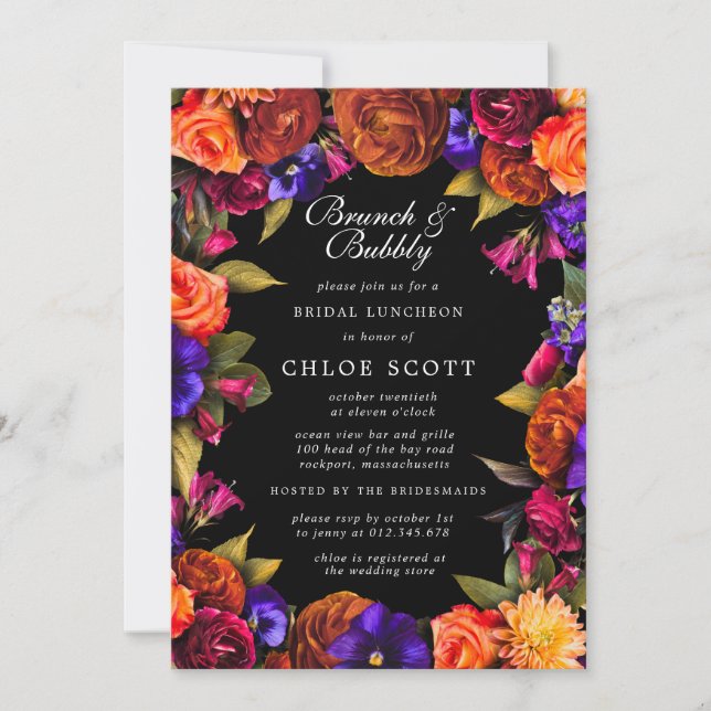 Burgundy Red Purple Orange Floral Brunch Bubbly Invitation (Front)