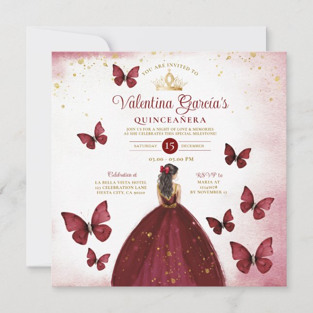 Burgundy Red Quinceañera 15 Anos Butterfly Gold Invitation (Front)