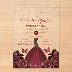 Burgundy Red Quinceañera 15 Anos Flowers Gold  Acrylic Invitations