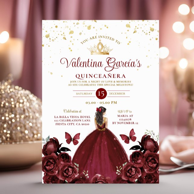Burgundy Red Quinceañera 15 Anos Flowers Gold Invitation (Creator Uploaded)