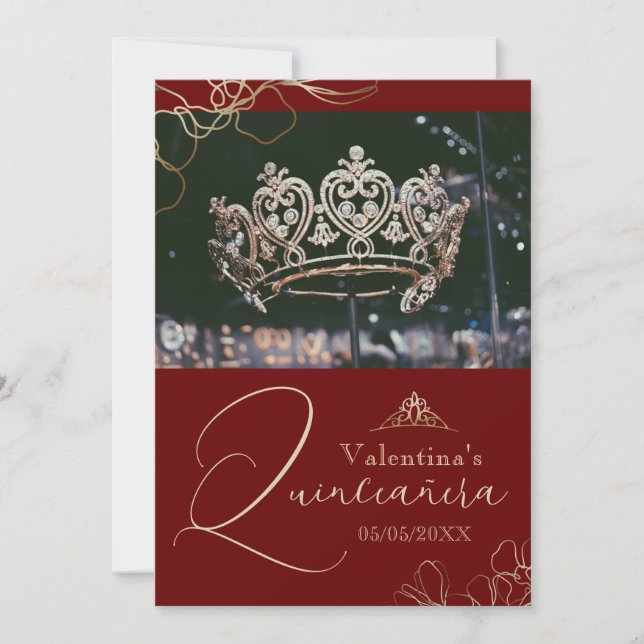 Burgundy Red Quinceañera thank you card template (Front)