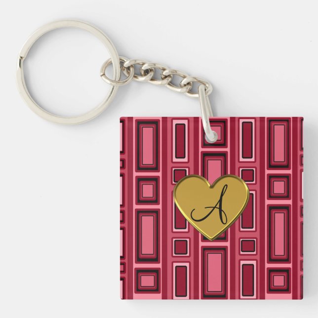 Burgundy red Retro squares monogram Key Ring (Front)