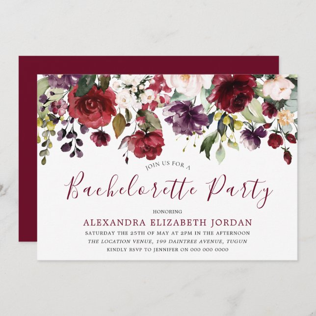 Burgundy Red Romantic Flowers Bachelorette Party Invitation (Front/Back)