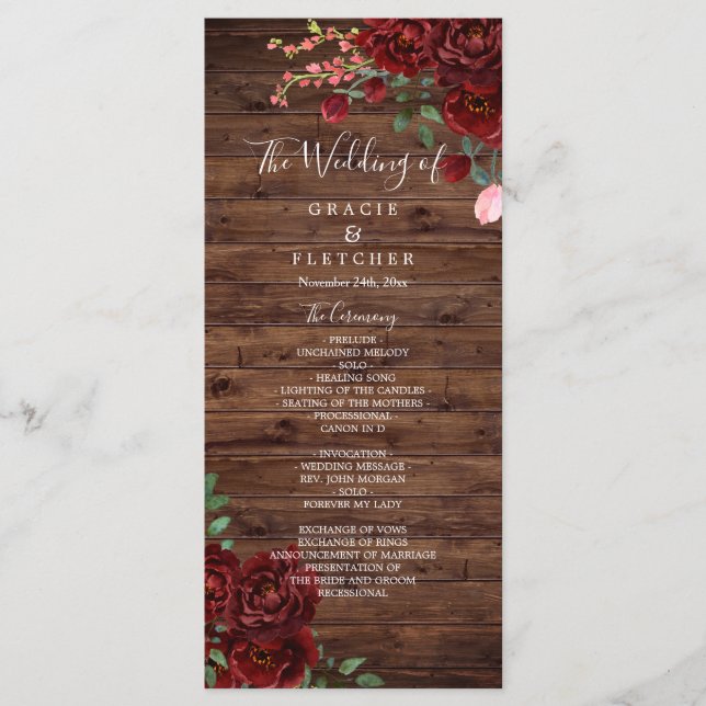 Burgundy Red Romantic Roses Rustic Wood Wedding Programme (Front)