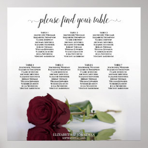 Burgundy Red Rose 7 Table Wedding Seating Chart