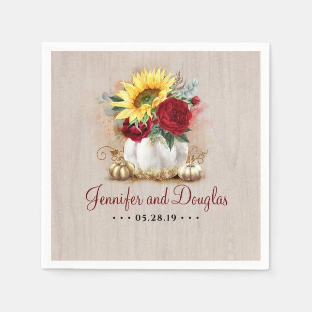 Burgundy Red Rose and Sunflower Pumpkin Vase Fall Napkin (Front)