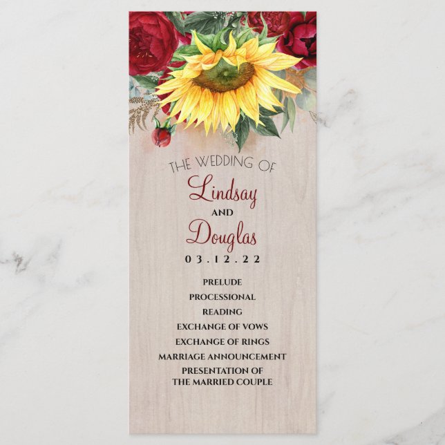 Burgundy Red Rose and Sunflower Wedding Programs Programme (Front)