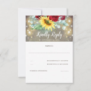 Burgundy Red Rose and Sunflowers Fall Wedding RSVP Card