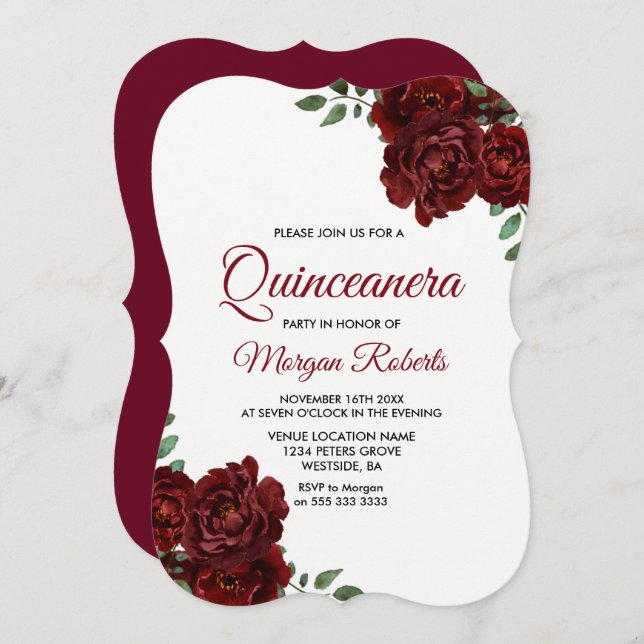Burgundy Red Rose Beautiful Quinceanera Invite (Front/Back)
