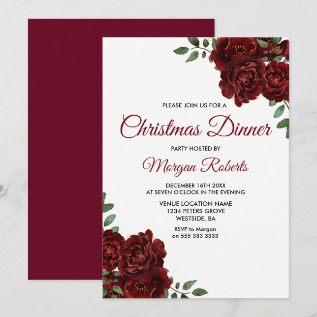 Burgundy Red Rose Christmas Dinner Party Invite (Front/Back)