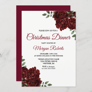 Burgundy Red Rose Christmas Dinner Party Invite