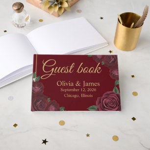 Burgundy Red Rose Dark Romance Wedding Guest Book