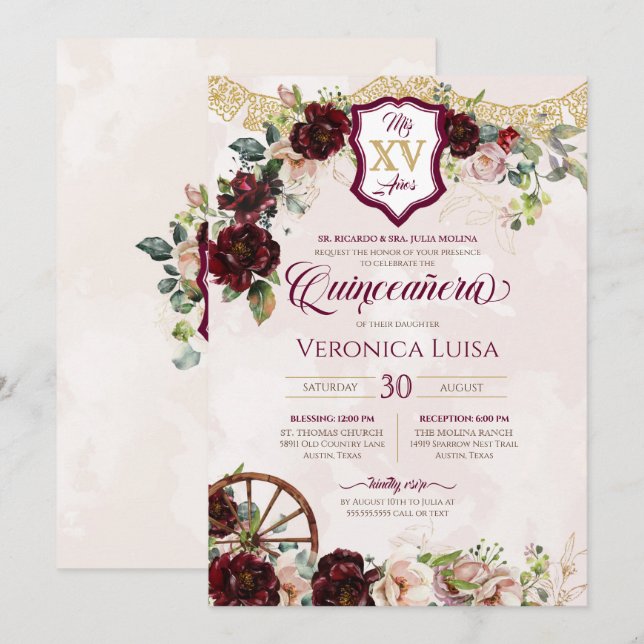 Burgundy Red Rose Elegant Charro Quinceanera Invitation (Front/Back)