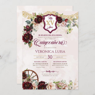Burgundy Red Rose Elegant Charro Quinceanera Invitation